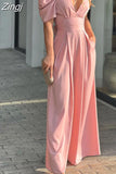 New Women Jumpsuit Puff Short Sleeve V Neck Backless Nipped Waist Loose Wide Legs Casual Pants Romper High