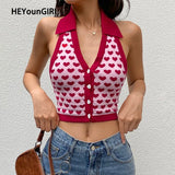 Heart Print Sleeveless Halter Knit Crop Tops Ladies Sexy Backless Tanks Camis Women Vest Summer Knitwear