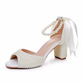 Cm Pearl Fish Mouth Coarse Sandals Shallow Buckle With Large-Size Beads Drifting Sandals Bride Beaded Wedding Shoes
