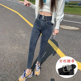 Zingj Female Autumn 2024 New Korean Version Slim Show Thin High Waist Two Buckle Elastic Small Feet Pencil Pants Tide-Outfit