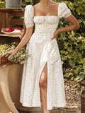 Floral Print Summer Dress Women Puff Sleeve Square Collar Elegant Split Sexy Cotton Long Party Dress Casual Boho Beach