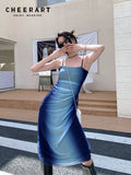 Gradient Blue Summer Long Mesh Dress For Women 2022 High Fashion Sundress Backless Midi Slip Dress Designer