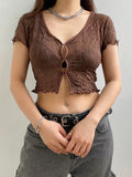 Wave Mesh Crop Top y2k Brown Pin Up T Shirt V Neck Trim Short Sleeve Cardigans Women Retro Cute Chic Tee Korean