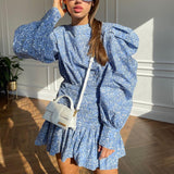 Zingj Women's Spring New Print Floral Skirt Long Sleeve Waist Pleated Casual Dress-Outfit
