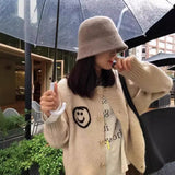Zingj And Winter 2024 New Design Sense Double-Sided Smiley Face Sweater Cardigan Female Embroidery Round Collar Korean Fashion Versatile Coat-Outfit