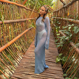 Women's Summer Long Knit See-through Beachwear Solid Color Flare Long Sleeve O Neck Hollow Backless Cover Up