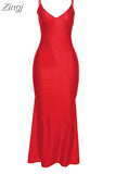 Women Autumn 2023 New Red Elegant High Street Sexy&Party Wedding Slip Skinny V-Neck Dress Low Cut Backless Pleated