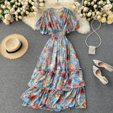 Zingj Typhoon Aesthetic Dress V Collar Lotus Leaf Edge High Waist Slim Skirt Sen Printed Fairy