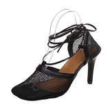 Summer New Fashion Mesh Breathable Square High Heel Fine Heel Tie Women's