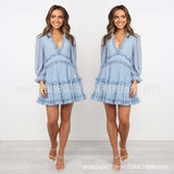Zingj Selling 2023 Spring And Autumn New V Collar Waist Bubble Sleeve Long Sleeve Chiffon Dress
