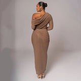 Draped Off-Shoulder Long Sleeve Top And Maxi Skirt Set- Outfit