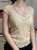 Women Floral Lace Cropped Top Patchwork Sexy Casual Short Sleeve V Neck Skinny Streetwear Chic Korean Fashion