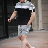 Men Slim Suits 2021 Summer Men's Patchwork Casual 2 Piece Set Fashion O-Neck Short Sleeve Tees And Drawstring Shorts Outfits