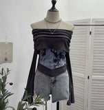 Real Shooting Maillard Wasteland Wind Word Shoulder Long-Sleeved Top Print Spliced Knitted Horn Sleeve Short T-Shirt