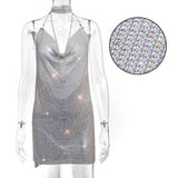 Bling Metal body chain Rhinestone summer dress women Luxury party Glitter Night club Backless diamond Mini dresses