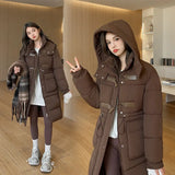 Cotton-Padded Coat Coat Female New Winter Hooded Down Cotton Long Over The Knee Thick Waist Show Thin Cotton-Padded Jacket-Outfit