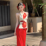 2025 Spring And Summer Women's New Seaside Vacation Wind Hanging Neck Vest Sexy Hip Skirt