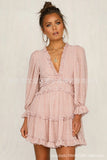 Zingj Selling 2023 Spring And Autumn New V Collar Waist Bubble Sleeve Long Sleeve Chiffon Dress