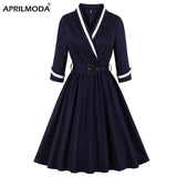 4XL Elegant Party Dress Vintage Wrap Belted Pleated Dress 2021 Autumn Cotton Tunic 3/4 Sleeve Office Lady Women