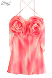 Pink Mini Dress Women Flower Backless Slip Dress Woman Summer Sexy Short Dresses For Women 2023 Beach Holiday Party