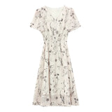 Feng Shuo Ink Printing V-Neck Dress Women 2025 Summer New Lotus Leaf Sleeve Mother Chiffon