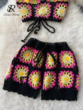 Summer Hollow Out Beach Suits Women Strap Halter Sexy Top+Mini Shorts Fashion Floral Knitted Bohemian Two Pieces