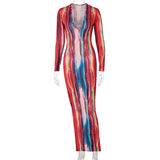 Dye Women Long Maxi Dress Long Sleeve Deep V Neck Bodycon Dresses 2022 Summer New Activewear Sexy Night Club Party