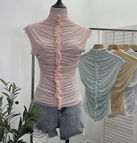 Drilling Sleeveless Vest Wearing Half-High Neck Net Yarn Slime Folded T-Shirt Blouse Female