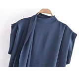 Blue Crop Top Women Pleated Summer Blouses Woman 2023 Tie High Neck Short Sleeve Blouse Female Elegant Chic Woman