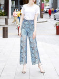 Summer New Slim And Versatile Hollow Out Lace Stitching Denim Pants Women High Waist Wide Leg Pants Female Casual