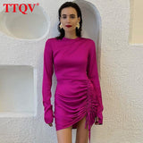 Autumn Pink Satin Bodycon Dress Fashion Chic O-Neck Long Sleeve Mini Dress Elegant Slim Drawstring Dresses For