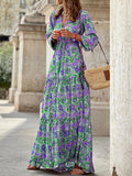 Chic V Neck Spring Summer Maxi Dress Loose Casual Ruffle A-Line Dress Elegant Floral Printed Women Half Sleeve