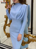 Elegant Women Dress Stand Collar Slim Waist Solid Blue Ankle Length Autumn Long Sleeve Casual Party Dress