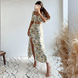 Women Floral Printed Hollow Out Casual Midi Dress 2021 Summer Vintage Slit Lace-Up Prom Party Dresses Holiday