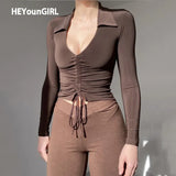 V Neck Ruched Brown Casual Crop Top T Shirt Autumn Long Sleeve Basic T-shirt Women Skinny Fashion Tee Shirt