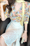 Floral Print Chiffon Blouse Women Korean Elegant Bow Tie Scarf Collar Sweet Shirts Loose Casual Short Sleeve Tops