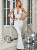 Halter Deep V Neck Sequin Maxi Dress- Outfit