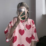 Women T shirts Cute Heart Print Top Female Fashion Summer Pink Woman Clothes Aesthetic Loose Tee Shirt