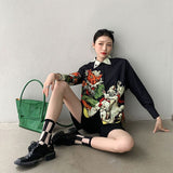 Designer Black Long Sleeve Button Up Shirt Women Print High Fashion 2021 Collared Summer Top And Blouse Aesthetic