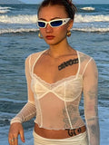 Top Women Long Sleeve Crop Top Square Neck T-Shirt Fairy Grunge Solid White Hook Eye Tops Sexy Brown Tee Shirt Y2K