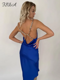 Backless Chain Satin Dress Women Black Sleeveless 2022 Summer Midi Green Y2K Sexy Bodycon Dresses Club Off