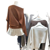 Irregular Collared Strap Bat Sleeve Knitted Shirt Women Early Autumn High-Level Feeling Unique To Super-Good-Looking