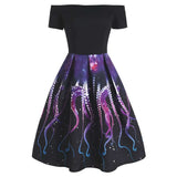 Octopus Animal Short Party Women Dress Slash Neck Black Purple 50s 60s 70s Retro Vintage Rockabilly Jurken Vestido De