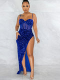 Sexy Gold Sequined High Split Maxi Dress Women Summer Strap Mesh Patchwork Bodycon Clubwear Long