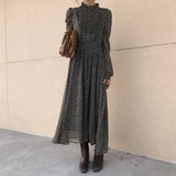 Vintage Stand Collar Ruched Sleeve A-line Dress Women Floral Print Elastic Waist Female Dress Spring Vestidos femme