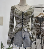 Real Shooting Wasteland Hottie Make Old Hole Tie-Dye V-Neck Irregular Ribbon Long-Sleeved Top Short T-Shirt