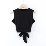 Summer Sleeveless Knitted Tops Solid Color Sports Tops Back Cross Bandage T-shirts