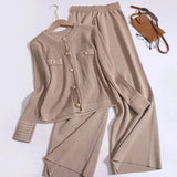 New Fashionable Casual Sports Knitted Two Piece Set Women's Single Breasted Round Neck Knit Cardigan + Wide Leg Pants