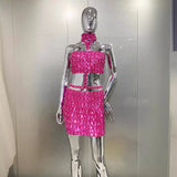 High Quality Fashion Hanging Neck Sexy Casual Diamond Embossed Top + Elegant Full Diamond-Mounted Half-Dress