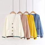 Cardigan Knitted Sweater Women Fashion Lazy Wind Loose Striped Pockets V-neck Long-sleeved Sweater Female